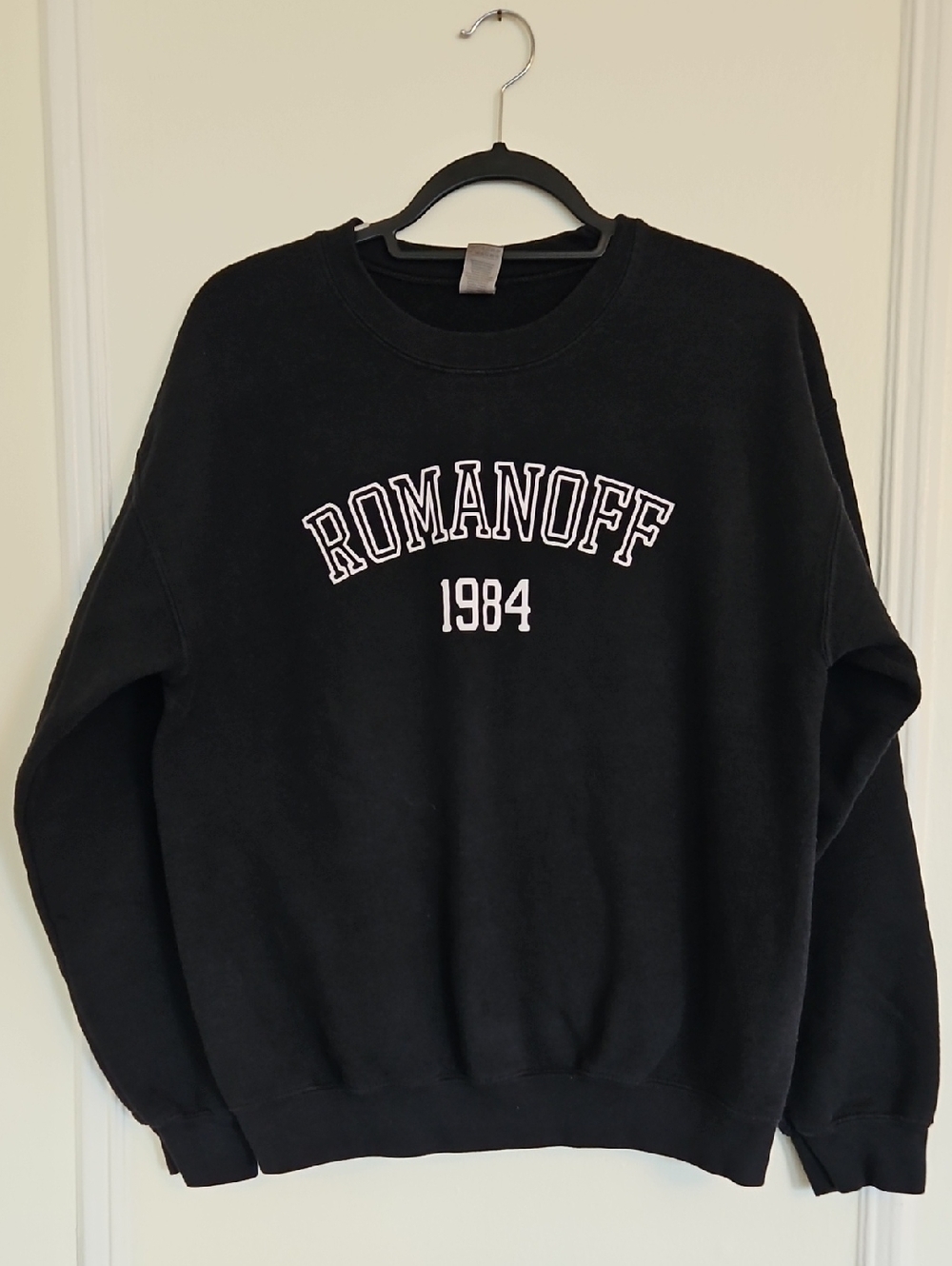 Gildan Black Crewneck Sweatshirt with White ROMANOFF 1984 Embroidery